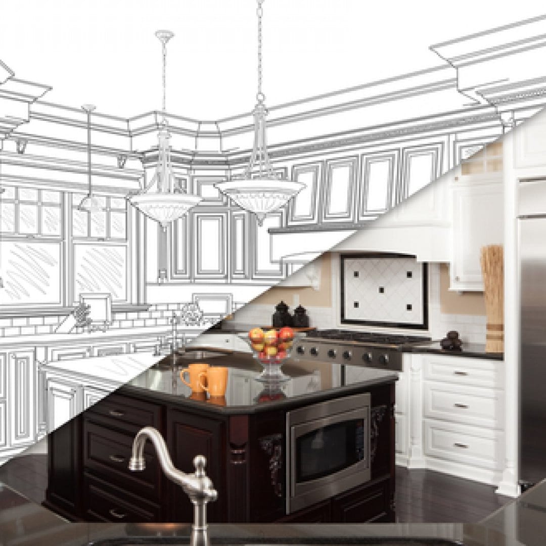 Split image of a kitchen design drawing beside the finished dark-cabinet kitchen